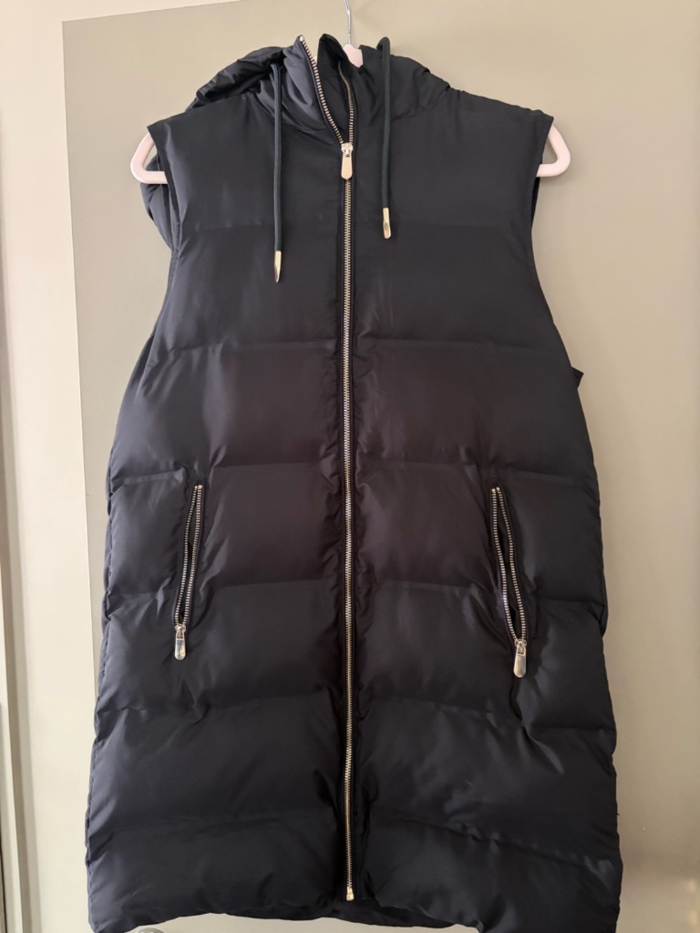 Zara Black Puffer Hooded Midi Vest - Women
